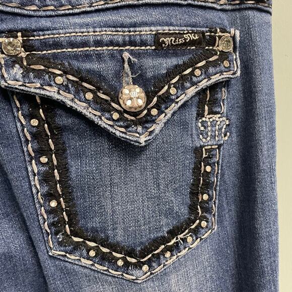 Miss Me Bootcut Jeans Size 30 Thick Stitch Embroidered Pockets Bling Grunge Y2K - Picture 3 of 8